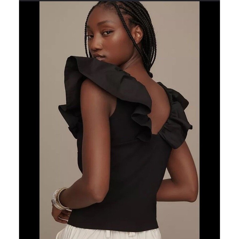 Anthropologie Dolan Left Coast Black Ruffle V-neck Shirt Top Extra Large